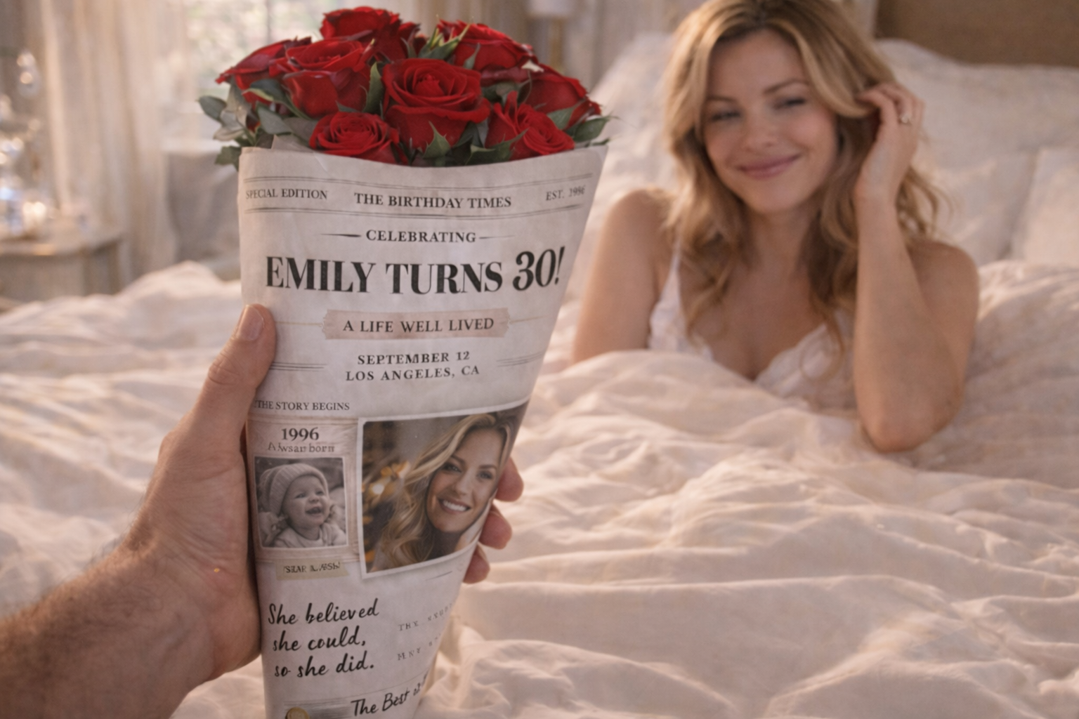 Sünnipäeva ajalehe kujundus lilledega, prinditav Canva template